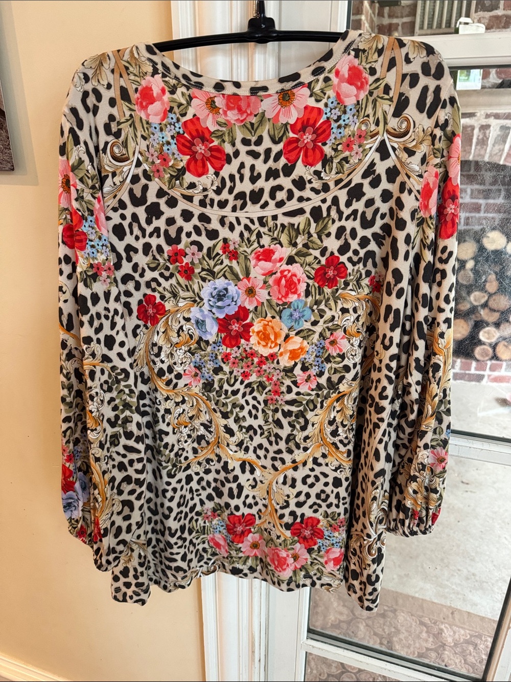 Johnny Was Cream Leopard Print Long Sleeve Top with Multicolor Floral Motif-L - Picture 3 of 5